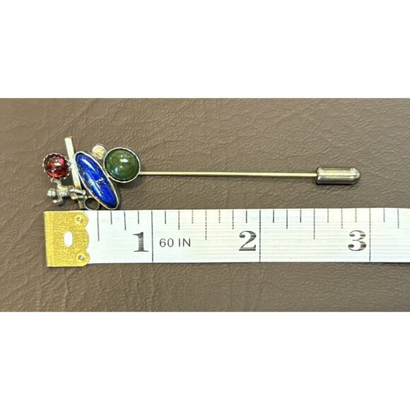 Vintage Cherub Sterling & Vermeil Lapis Garnet Jade Abstract Lapel Stick Pin - Picture 10 of 11